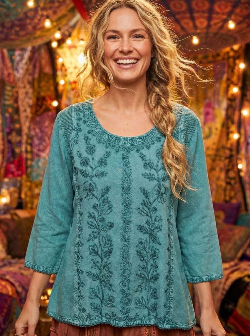 Parsley & Sage Teal Floral Embroidered Rayon Tunic Top Size XL - Picture 4 of 5